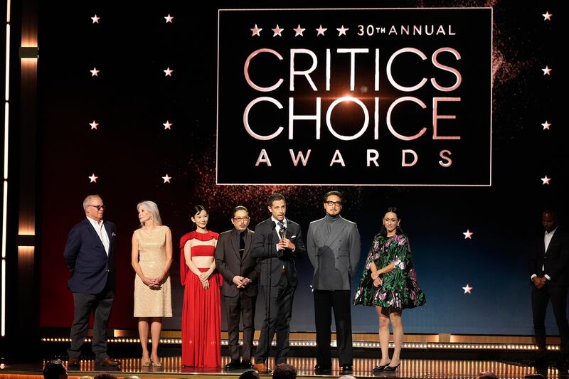 Edward McDonnell, Michaela Clavell, Moeka Hoshi, Hiroyuki Sanada, Justin Marks, Takehiro Hira, and Rachel Kondo accept the award for best drama series for Shogun during the 30th Critics Choice Award (AP/Chris Pizzello)