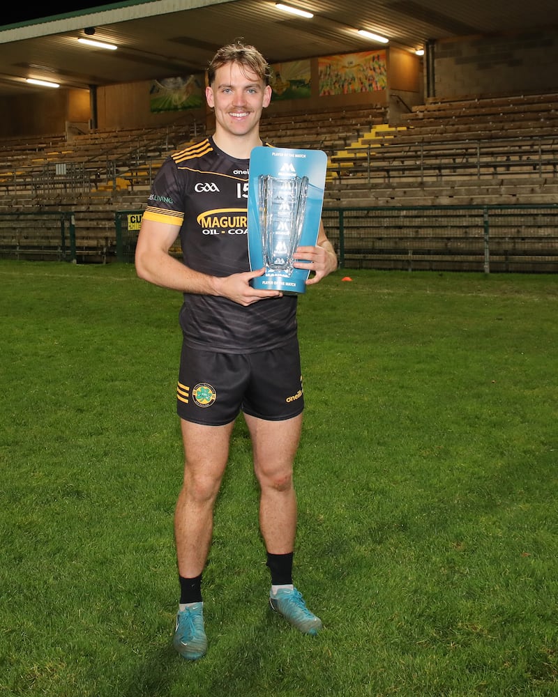 Mannok Man of the Match Ultan Kelm of Erne Gaels with his award after Erne Gaels' win over Enniskillen Gaels in the Fermanagh SFC final replay at Brewster Park on Saturday

Picture: Martin Brady