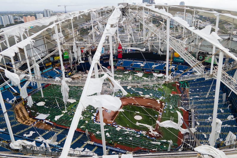 The roof of the Tropicana Field the morning after Hurricane Milton hit the region (Julio Cortez/AP)