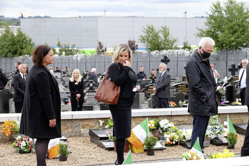 Sinn F&eacute;in leader Mary Lou McDonald and deputy leader Michelle O&#39;Neill at the funeral of Bobby Storey in June 2020. Picture by Mal McCann 