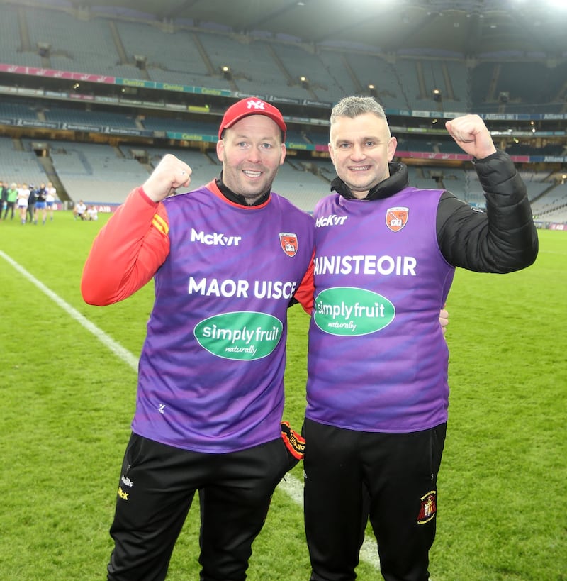 Cullyhanna's Stephen Reel and Ciarán McKeever at the end of the AIB GAA Football All-Ireland Intermediate Club Championship final  Picture: Philip Walsh