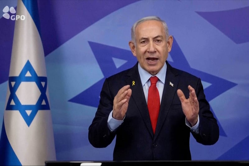 Israeli Prime Minister Benjamin Netanyahu makes a televised statement (Israeli Government Press Office via AP)