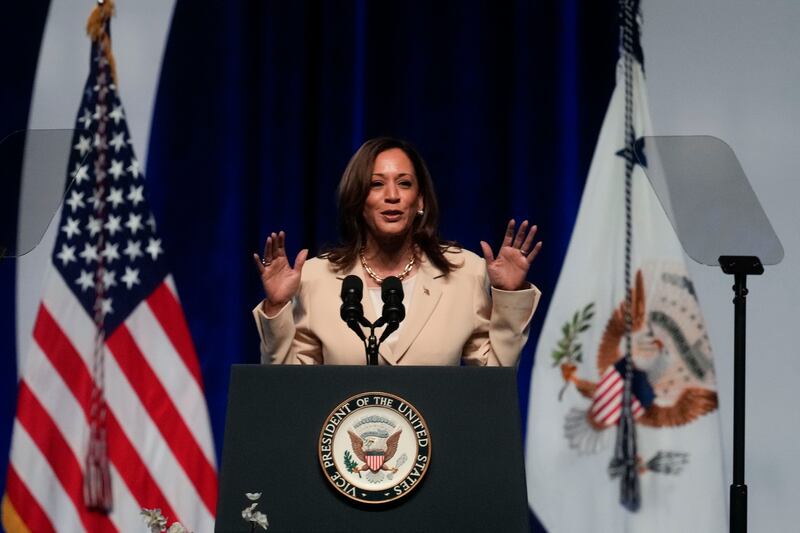 Vice president Kamala Harris speaks during the Zeta Phi Beta Sorority in Indianapolis (Darron Cummings/AP)