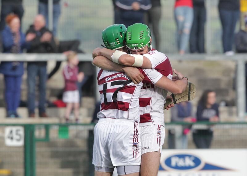 Slaughtneil hurling captain Chrissy McKaigue and Michael Kearney celebrate after beating Banagher in the Derry Senior Hurling Championship final <br />Picture by Margaret McLaughlin&nbsp;