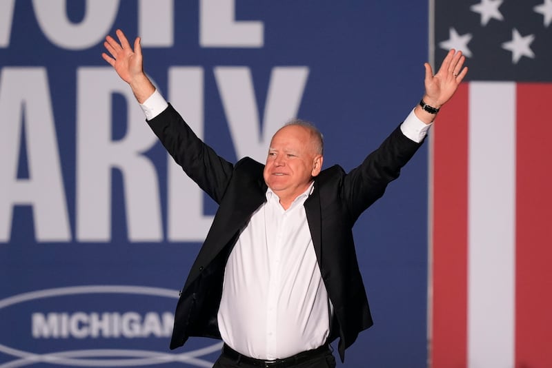 Democratic vice presidential nominee Tim Walz arrives to speak in Ann Arbor (Carlos Osorio/AP)