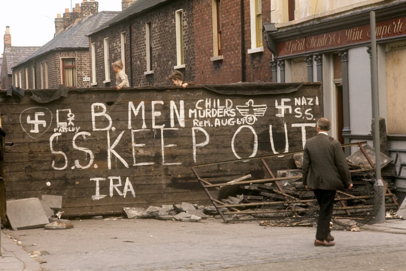 Graffiti on a wall directed against the "B-Specials" (Ulster Special Constabulary) on the Falls Road in west Belfast