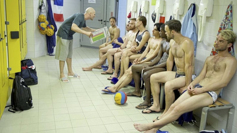 The Shiny Shrimps. Pictured: Nicolas Gob as Matthias Le Goff, Romain Lancry as Damien, Roland Menou as Joel, Michel Abiteboul as Cedric, Romain Brau as Fred, Felix Martinez as Vincent, David Baiot as Alex, Alban Lenoir as Jean and Geoffrey Couet as Xavier 