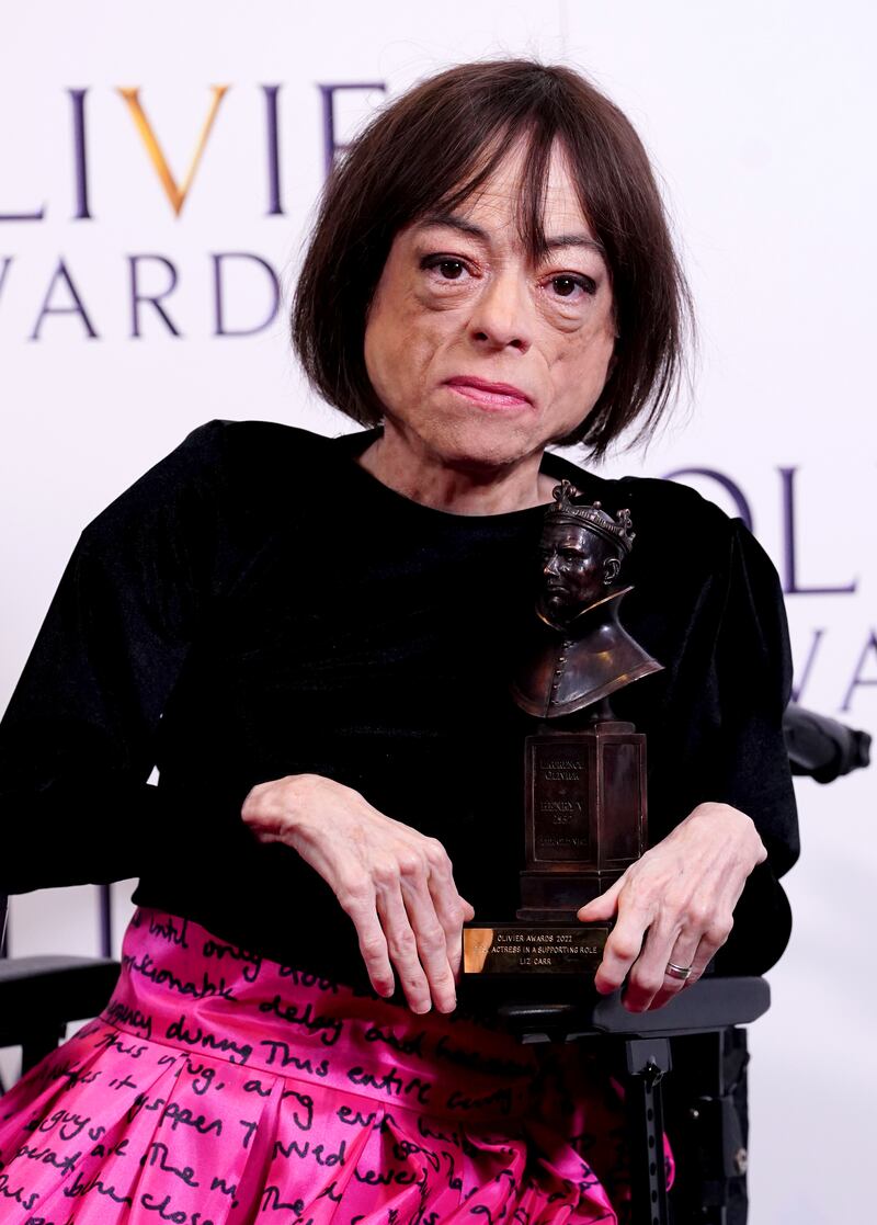 Liz Carr in the press room after winning the best actress in a supporting role award for The Normal Heart at the Laurence Olivier Awards in 2022