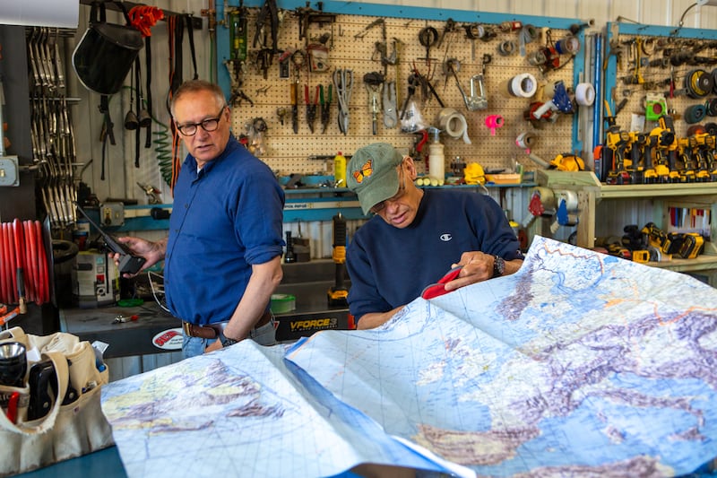Sir David Hempleman-Adams (left) and American balloon manufacturer Bert Padelt working on preparations for the Torabhaig Atlantic Explorer