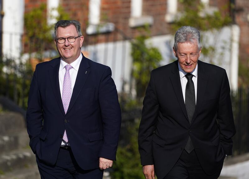 Sir Jeffery Donaldson (left), leader of the DUP and Peter Robinson arrive for a gala diner