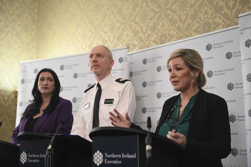 Deputy First Minister for Northern Ireland Emma Little-Pengelly with PSNI ACC Davy Beck and First Minister Michelle O’Neill speaking to the media at Stormont on Thursday