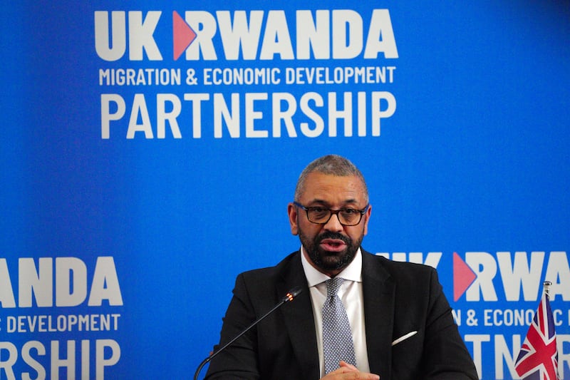 Then-home secretary James Cleverly speaks during a press conference with Rwandan minister of foreign affairs Vincent Biruta