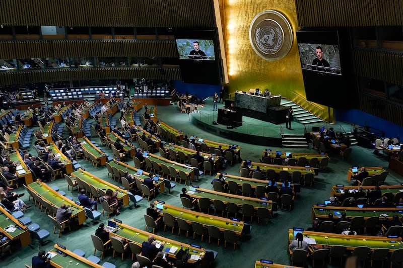 Ukraine President Volodymyr Zelensky addresses the 79th session of the United Nations General Assembly (Julia Demaree Nikhinson/AP)