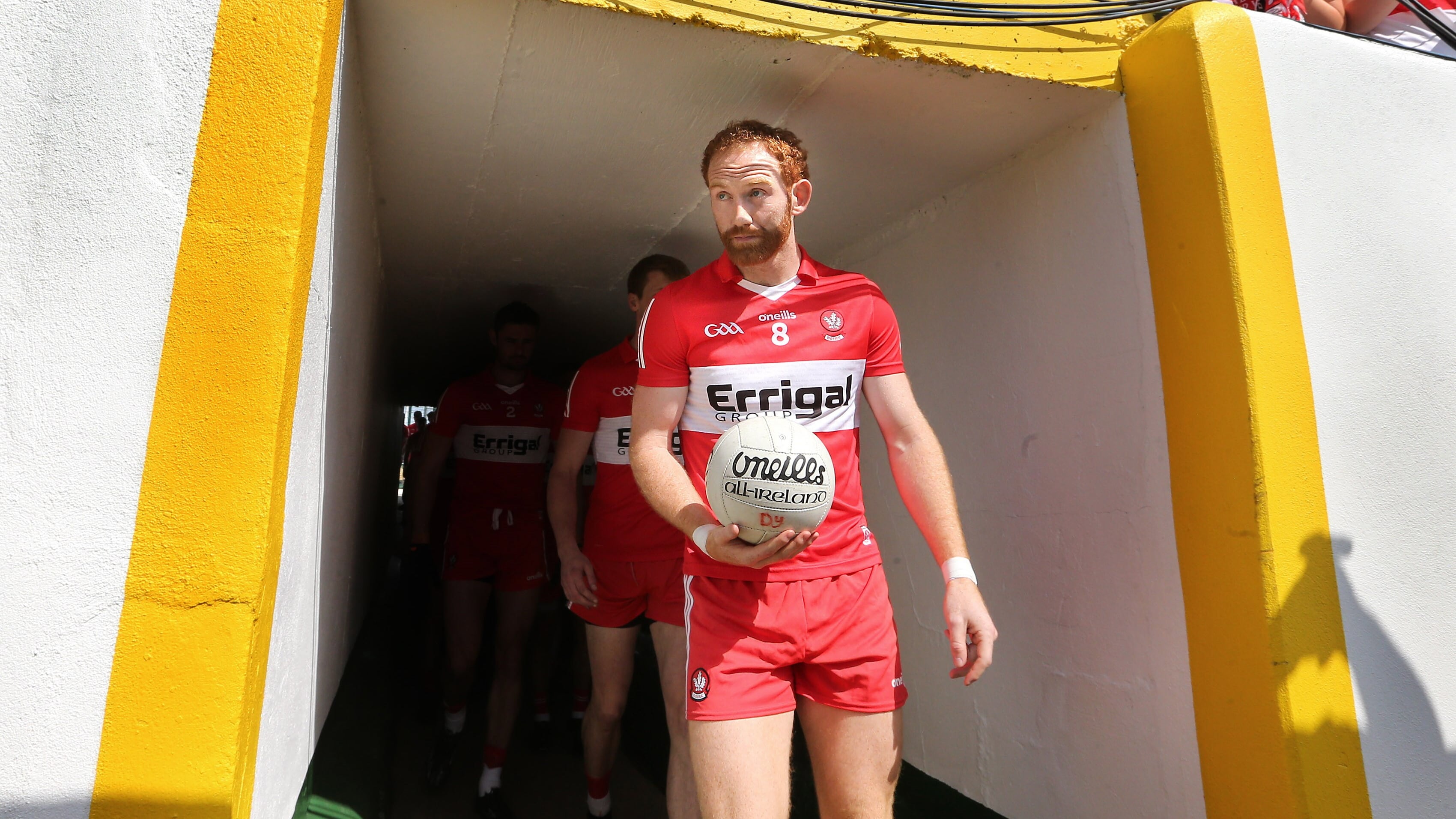 Conor Glass leads Derry out in MacCumhaill Park. Picture by Margaret McLaughlin