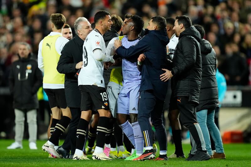 There were chaotic scenes after the match at the Mestalla (Jose Breton/AP)