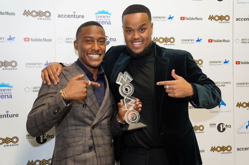 Yung Filly and Chunkz after winning Best Media Personality at the Mobo Awards