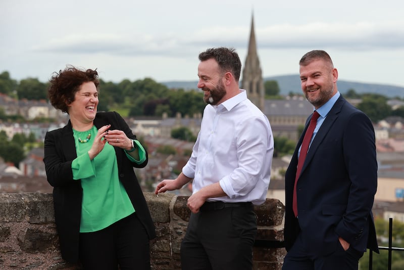 (left to right) SDLP Westminster candidate for South Belfast Claire Hanna, SDLP Leader Colum Eastwood and Colin McGrath after the SDLP’s manifesto launch