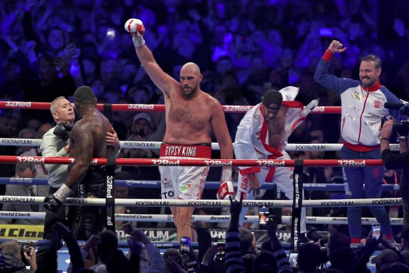 Britain's Tyson Fury, celebrates WBC heavyweight title boxing fight at Wembley Stadium in April.