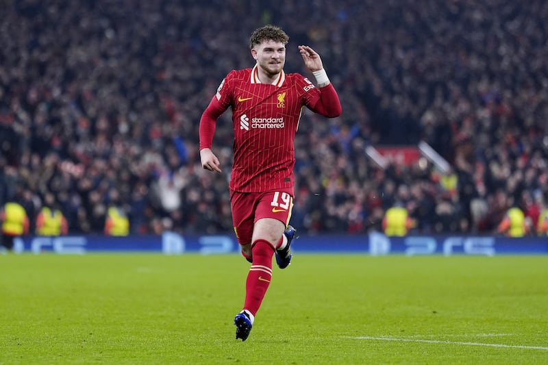 Harvey Elliott gestures after scoring what proved to be Liverpool’s winner at Anfield