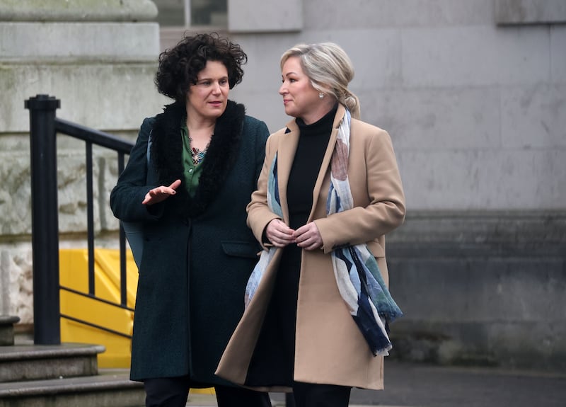 First Minister Michele O’Neill  and Claire Hanna arrive at Belfast High Court with the Sean Brown Family.
PICTURE COLM LENAGHAN