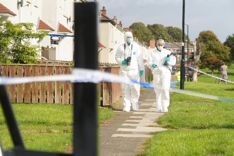 Forensic Officers on Maple Terrace in Shiney Row near Sunderland after the incident