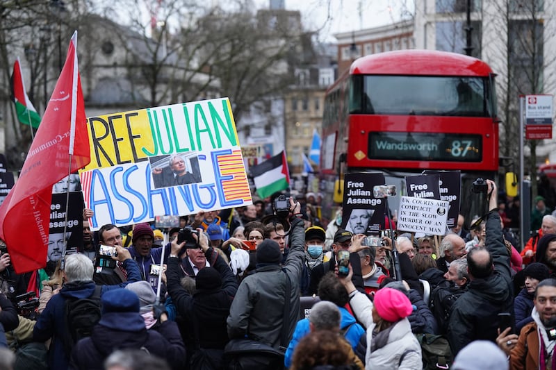 Supporters of Julian Assange, marched to Downing Street from the Royal Courts of Justice in London