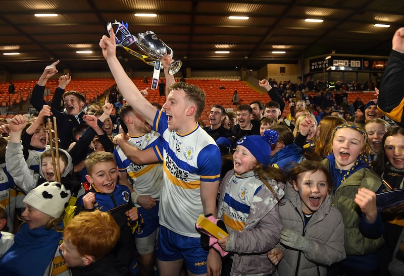 Errigal Ciaran players celebrates with the Seamus McFerran cup after the Ulster Club Senior championship Final at Athletic Grounds Armagh