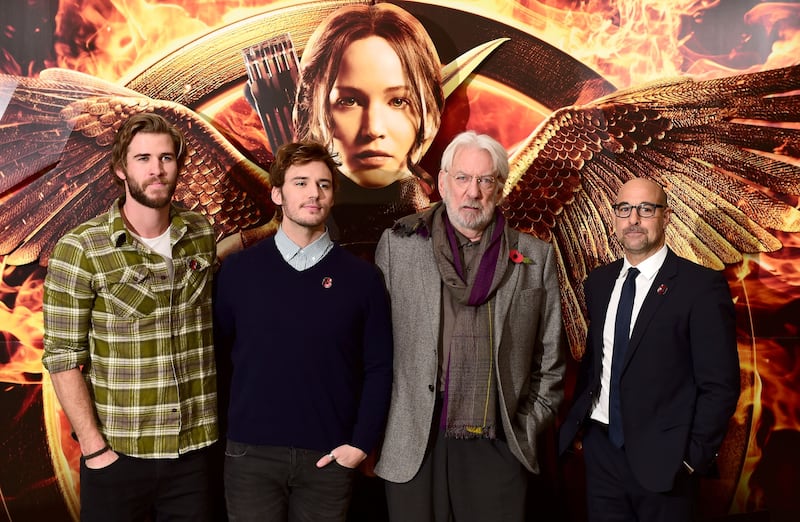 Left to right, Liam Hemsworth, Sam Claflin, Donald Sutherland and Stanley Tucci