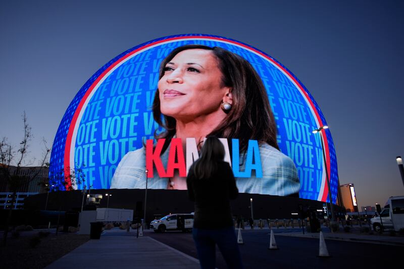 A political advertisement for Democratic presidential nominee Vice President Kamala Harris is displayed on the Sphere in Las Vegas (John Locher/AP)