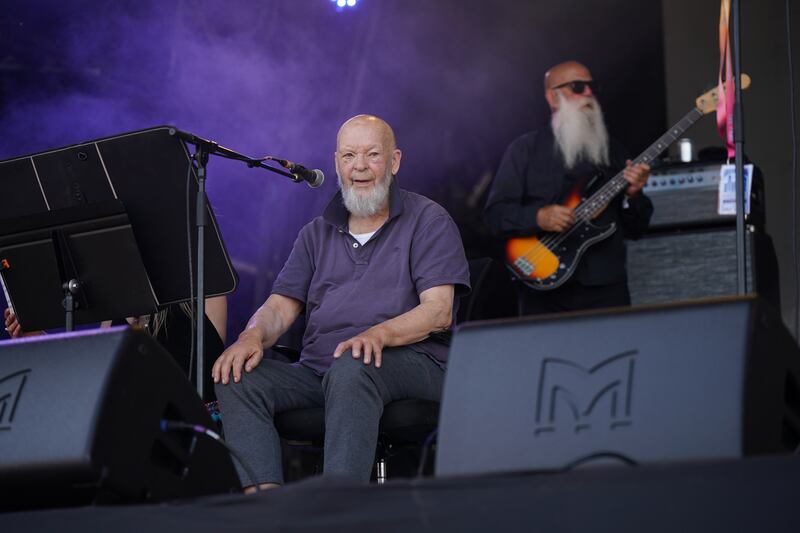 Michael Eavis appears with his band on the Park Stage