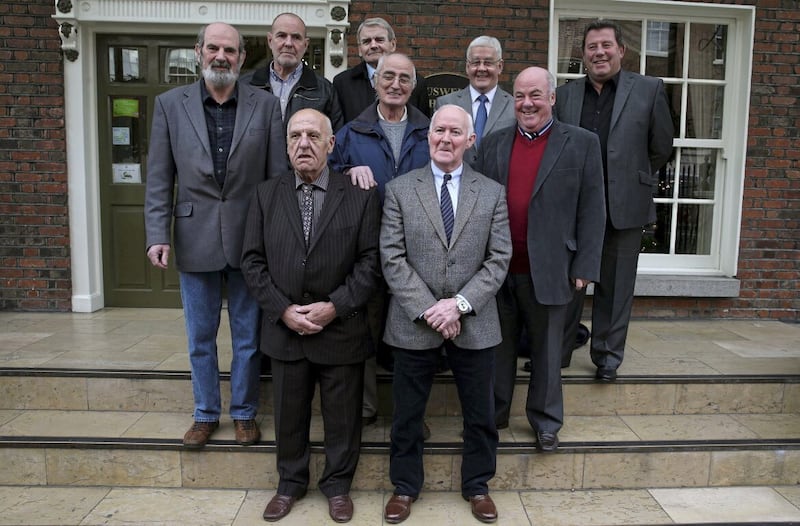 'Hooded Men' (front row, left to right) Michael Donnelly and Liam Shannon, (middle row, left to right) Kevin Hannaway, Gerry McKerr and Jim Auld, (back row, left to right) Patrick McNally, Brian Turley, Francis McGuigan and Joe Clarke pictured ahead of an Amnesty International press conference in Dublin in 2014. Picture by Brian Lawless/PA Wire