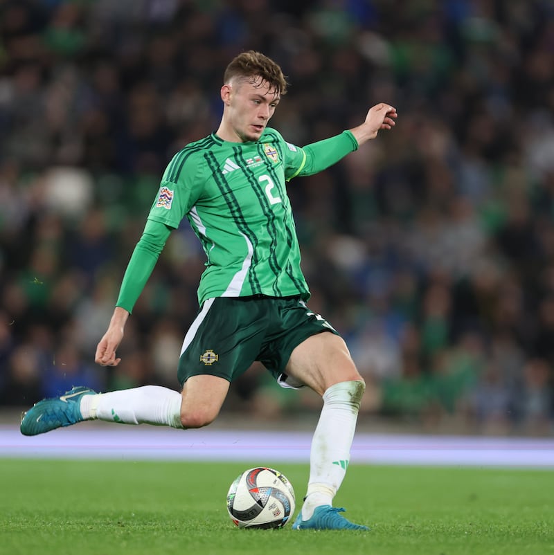 Northern Ireland's Conor Bradley  In action against Bulgaria.