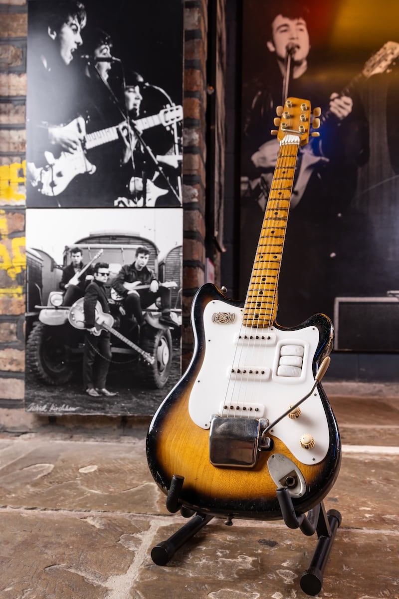 The Futurama electric guitar is on display at The Beatles Story in Liverpool before going up for auction in Nashville, Tennessee