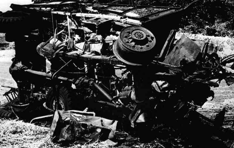 The remains of an Army truck which caught the full force of an IRA bomb at Warrenpoint, County Down, in 1979
