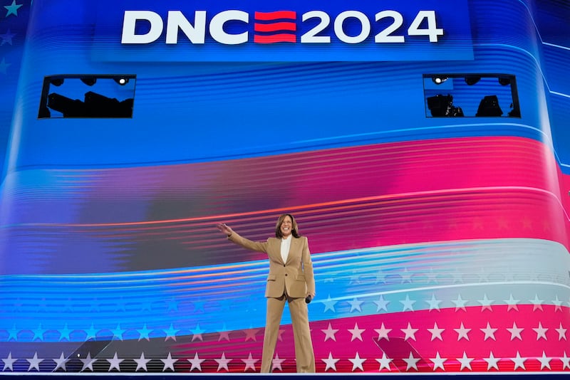 Ms Harris as she took the DNC 2024 stage (Jacquelyn Martin/AP)