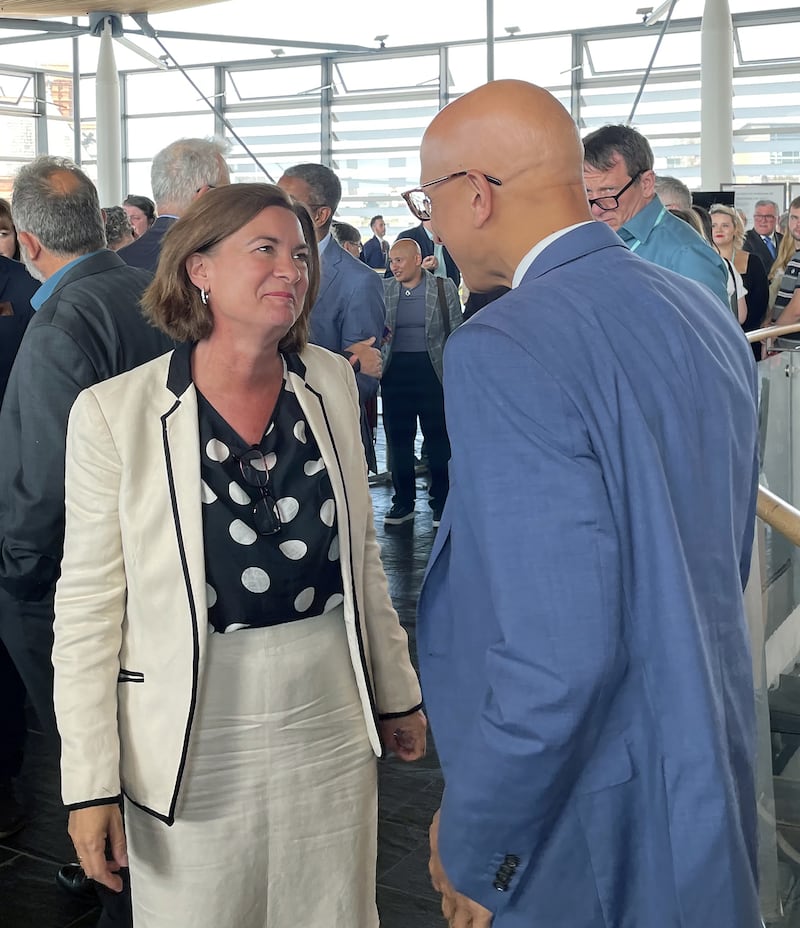 Eluned Morgan greeting supporters in the Senedd after being elected as the first female leader of Wales following the resignation of Vaughan Gething