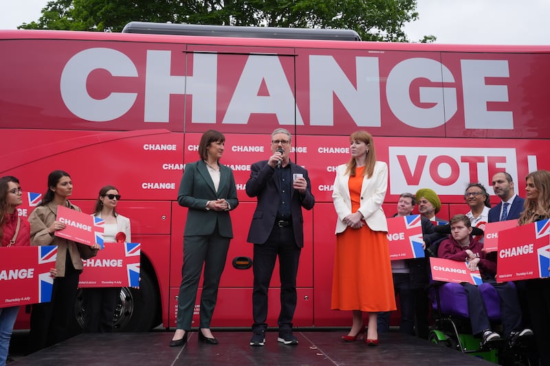 Shadow chancellor Rachel Reeves, Labour leader Sir Keir Starmer and deputy leader Angela Rayner at the launch of Labour’s campaign bus