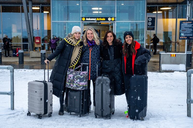 Laura Whitmore, Sara Davies, Vicky Pattison and Alex Scott on arrival at the airport in Norway (Brodie Hood/Comic Relief)