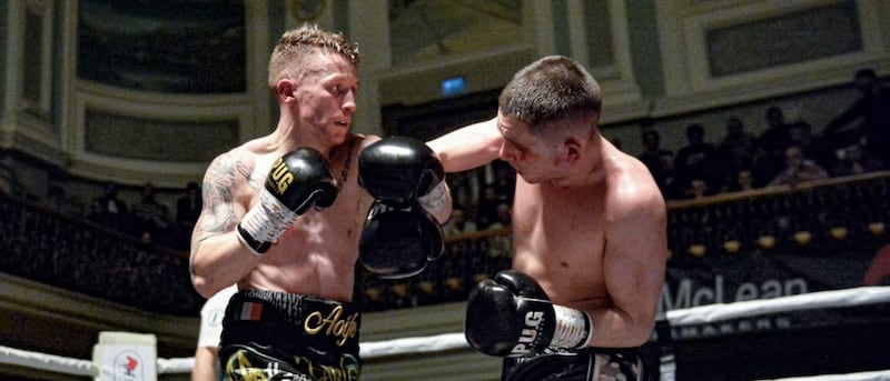 Feargal McCrory had a terrific tear-up against Karl Kelly at the Ulster Hall. Picture Mark Marlow. 