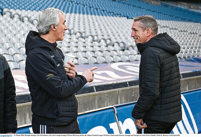 Donegal manager Jim McGuinness, left, and Armagh manager Kieran McGeeney before the Allianz Football League Division 2 Final