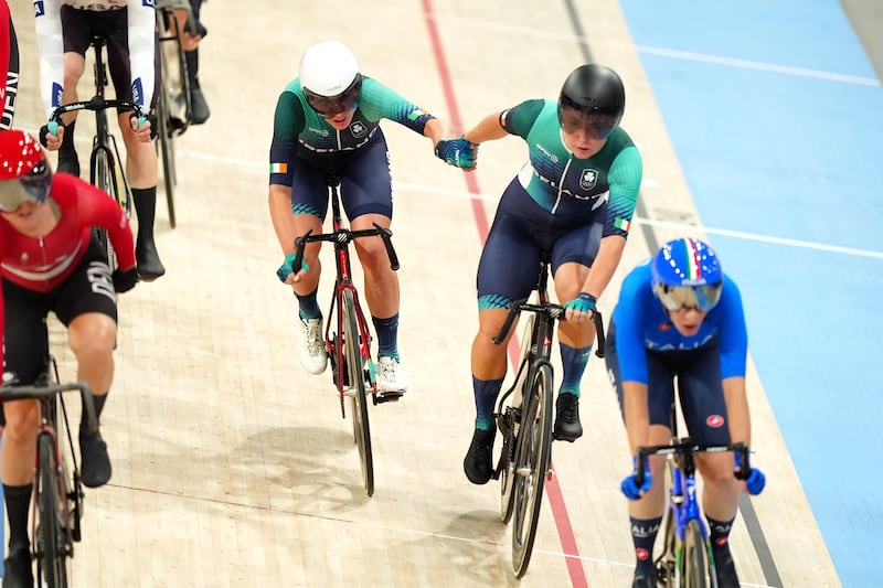 Ireland's Lara Gillespie and Alice Sharpe during the Women's Madison Final at the National Velodrome, Saint-Quentin-en-Yvelines, on the fourteenth day of the 2024 Paris Olympic Games in France. Picture date: Friday August 9, 2024. PA Photo. Photo credit should read: David Davies/PA Wire.