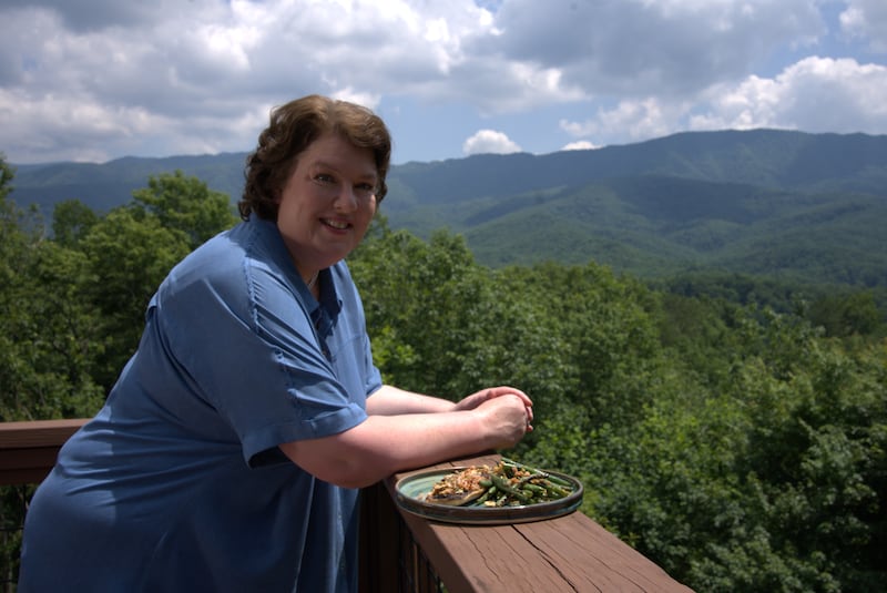 Paula McIntyre enjoying the view from her mountain cabin over the Smoky mountains in Tennessee where she was filming Paula McIntyre's Hamely Kitchen USA