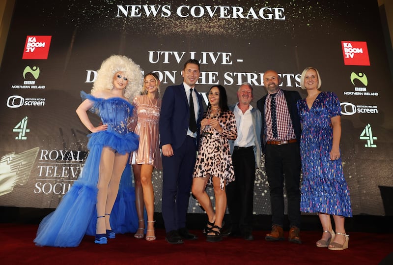 Winner of the RTS NI News Coverage Award 2023 is UTV Live: Dying on the Streets. Pictured at the Awards Ceremony in City Hall Belfast receiving their award from Love Island's Zara McDermott are the team from UTV Live with awards host Blu Hydrangea. Photo by Press Eye.