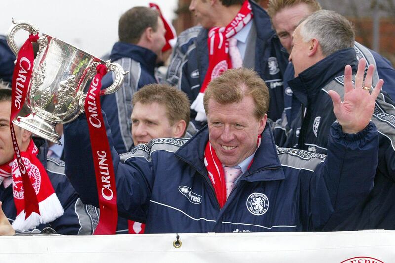Steve McClaren celebrates with the trophy during Boro’s parade the week after their victory