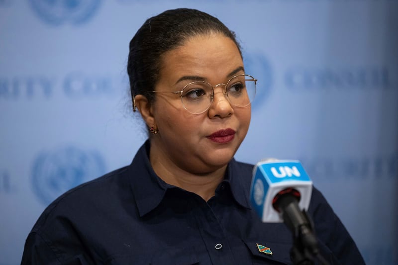 Democratic Republic of the Congo Minister of Foreign Affairs Therese Kayikwamba Wagner speaks during a press conference at UN headquarters (Yuki Iwamura/AP)