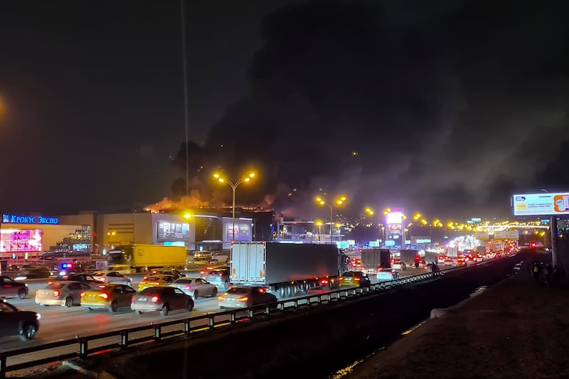 The blaze over Crocus City Hall (Denis Voronin/Moscow News Agency via AP)