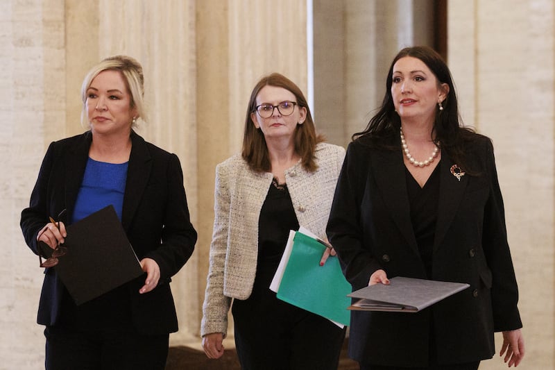 First Minister Michelle O’Neill, left to right, Finance Minister Caoimhe Archibald and deputy First Minister Emma Little-Pengelly will hold talks at the Treasury on Thursday