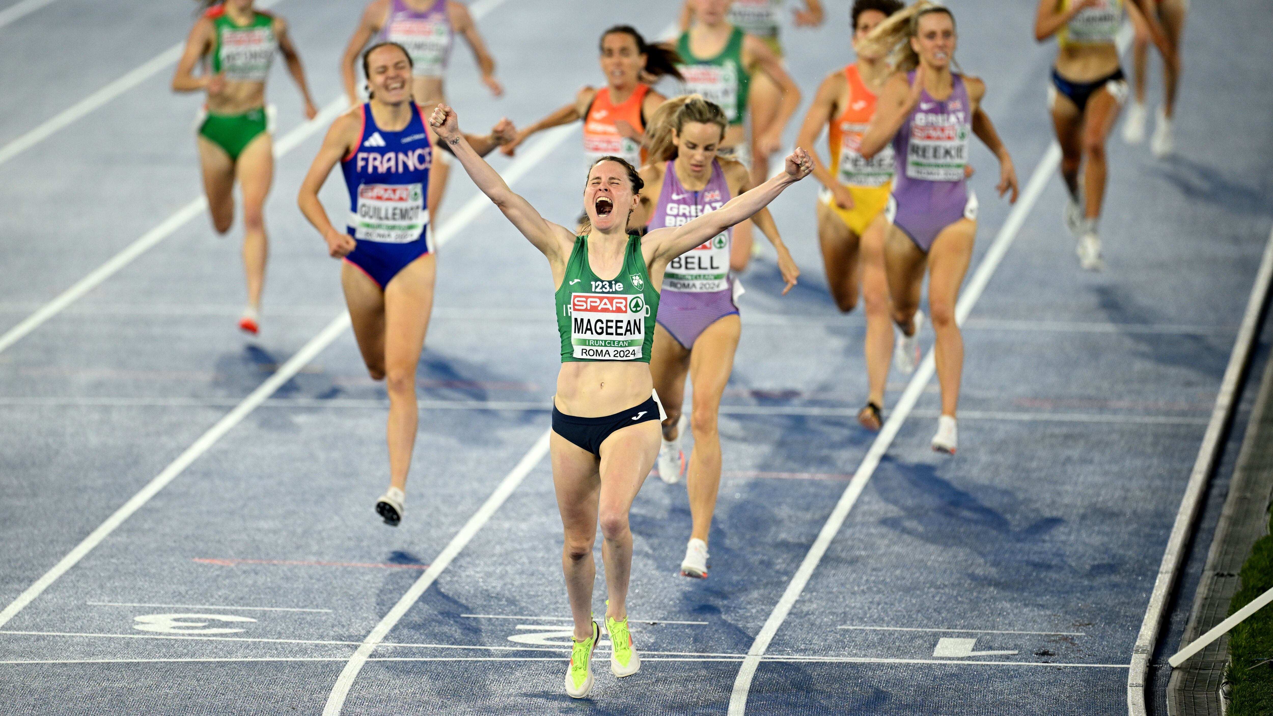 Ciara Mageean celebrates as she crosses the finish line to win the women's 1500m at the European Athletics Championships in Rome. Photo: Matthias Hangst/Getty Images