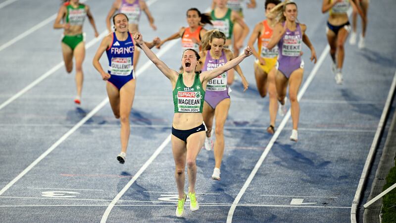 Ciara Mageean celebrates as she crosses the finish line to win the women's 1500m at the European Athletics Championships in Rome. Photo: Matthias Hangst/Getty Images