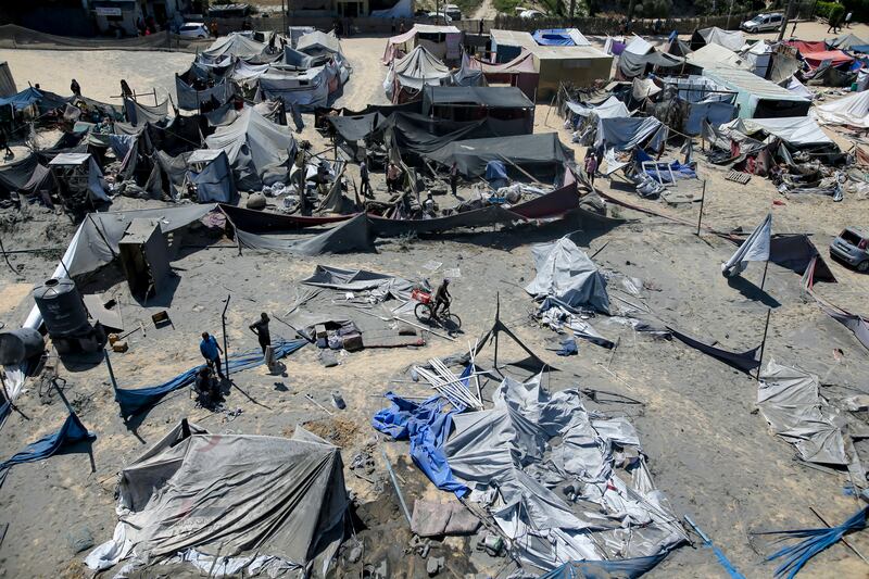 A site in Khan Younis in the southern Gaza Strip was hit by an Israeli bombardment on Saturday (Jehad Alshrafi/AP)